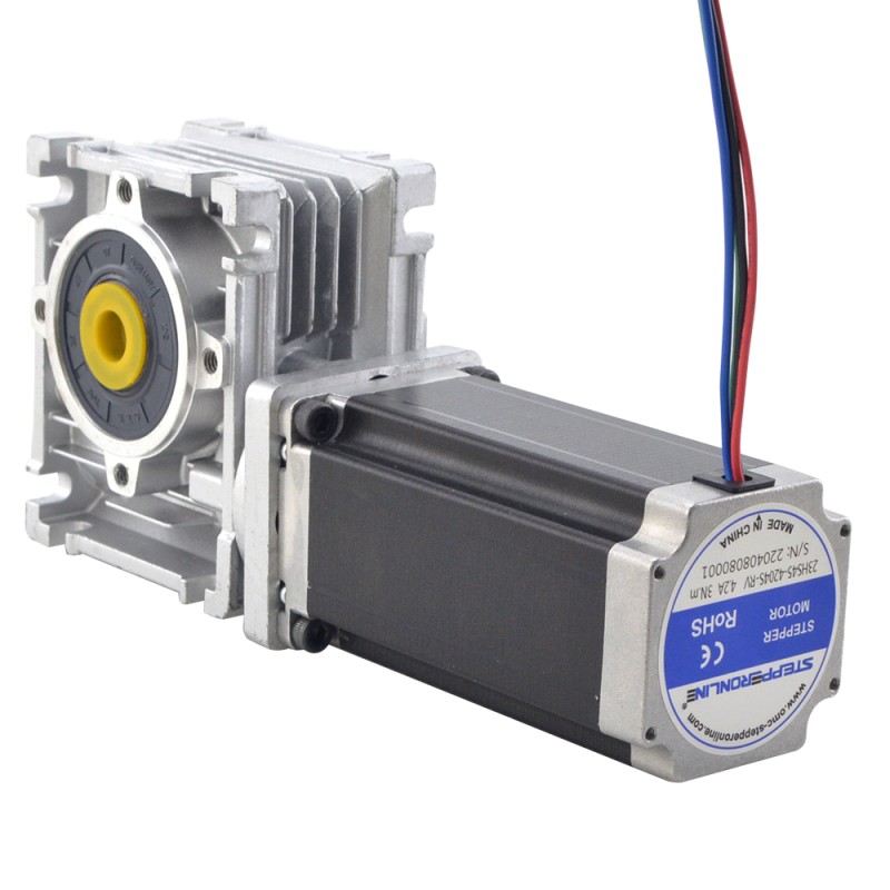 Nema 23 Stepper Motor L=113mm Gear Ratio 7.5:1 Worm Gearbox NMRV30 Worm Gear Speed Reducer - 23HS45-4204S-RV30-G7.5 | StepperOnline UK