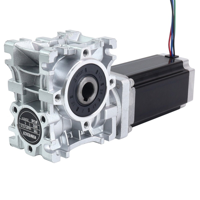 Nema 23 Stepper Motor 113mm Gear Ratio 15:1 Worm Gearbox NMRVS30 Worm Gear Speed Reducer - 23HS45-4204S-RVS30-G15 | StepperOnline UK