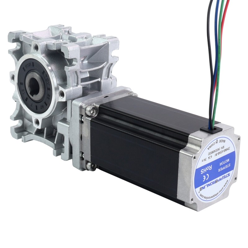 Nema 23 Stepper Motor 113mm Gear Ratio 15:1 Worm Gearbox NMRVS30 Worm Gear Speed Reducer - 23HS45-4204S-RVS30-G15 | StepperOnline UK