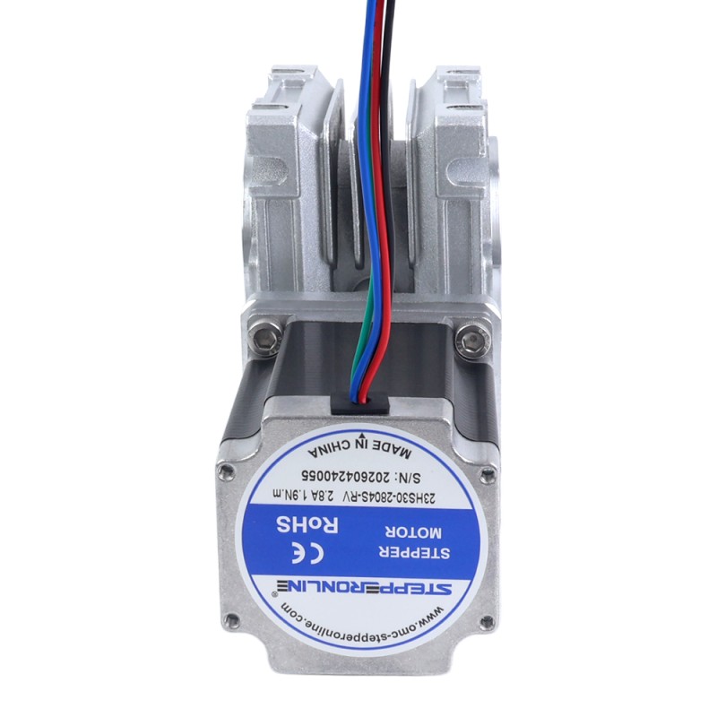 Nema 23 Stepper Motor 113mm Gear Ratio 20:1 Worm Gearbox YRV30 Worm Gear Speed Reducer - 23HS45-4204S-YRV30-G20 | StepperOnline UK