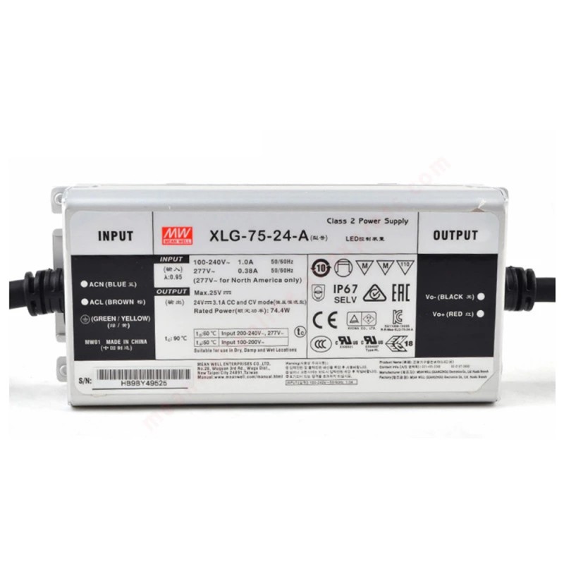 XLG-75-24-A MEANWELL 74.4W 24VDC 3.1A 115/230VAC Constant Power Mode LED Driver - XLG-75-24-A | StepperOnline UK