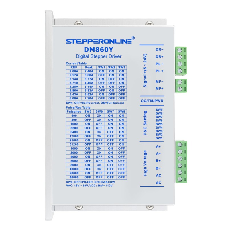 Y Series Digital Stepper Driver 2.4-7.2A AC18V-80V/DC 36V-110V for Nema 34 Motor - DM860Y | StepperOnline UK