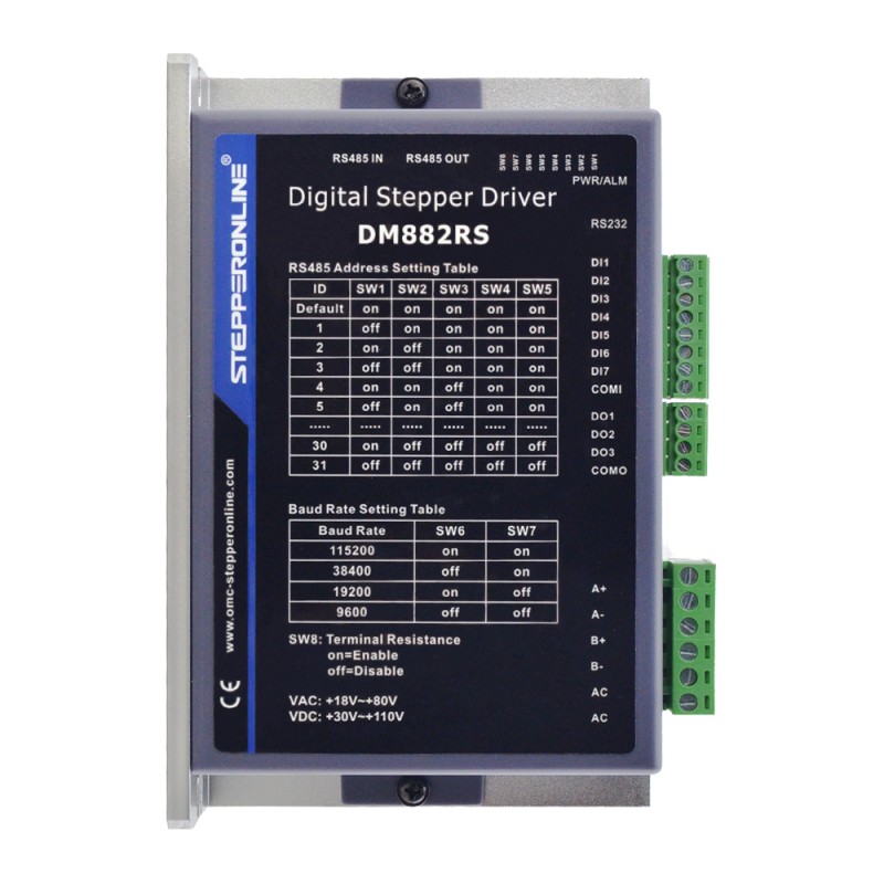 Modbus RS485 Stepper Driver 2.1-8.2A 18-80VAC or 30-110VDC for Nema 34 Stepper Motor - DM882RS | StepperOnline UK